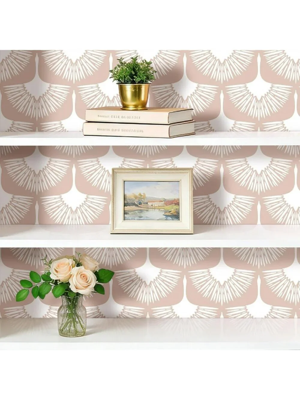 Modern Boho Pink Peel and Stick Wallpaper - Art Deco Crane Design, Renter